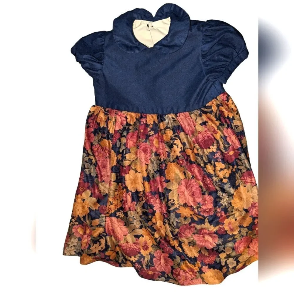 Vintage girls handmade‎ blue velour floral print boho dress
